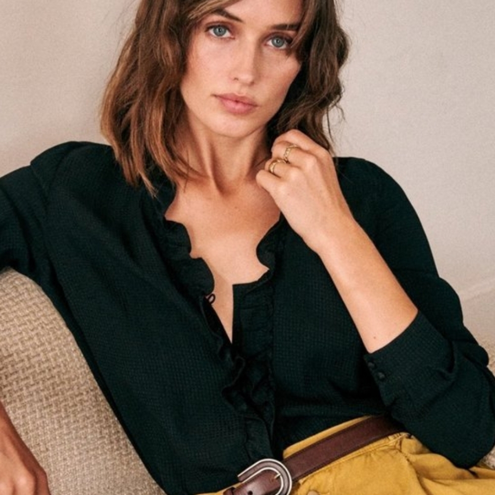 Sezane Black Silk Ruffled Button-Down Blouse